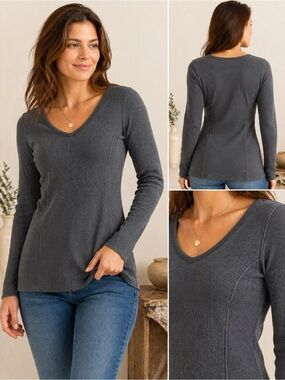 Peruvian Connection Gray Waffle Knit Top Small Long Sleeve Stretch Casual